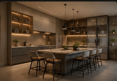 Cozinha planejada moderna com iluminação quente